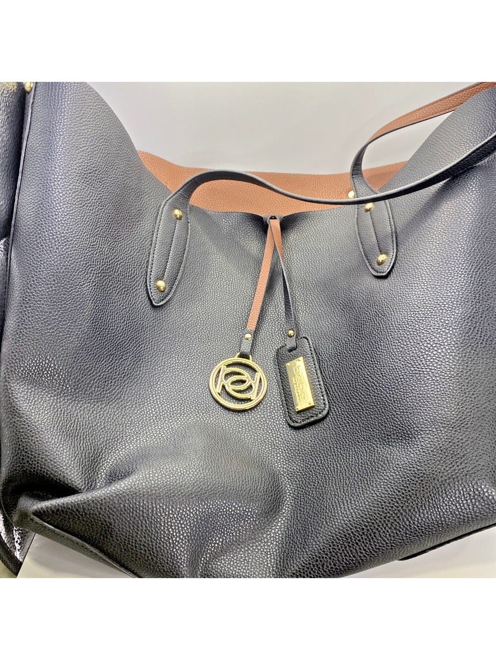 Bebe Reversible Tote Bag Black Brown Faux Leather Large Shoulder Purse